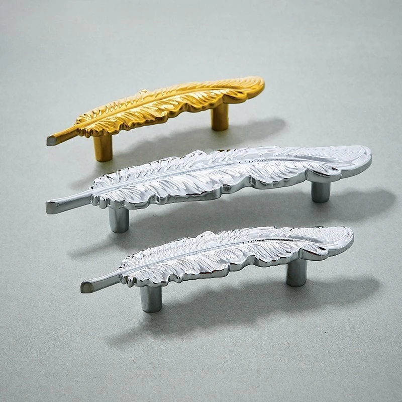 Brass Creative Statement Feather Gold Silver Dresser Handle Rustic Wardrobe Kitchen Cabinet Handles Furniture Drawer Knob