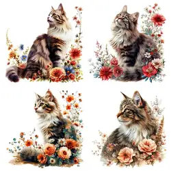 Cute Colorful Cat Iron-on Transfer For Clothing DIY A-Level Washable T-shirts Thermal Sticker Beautiful Flowers Patches Applique
