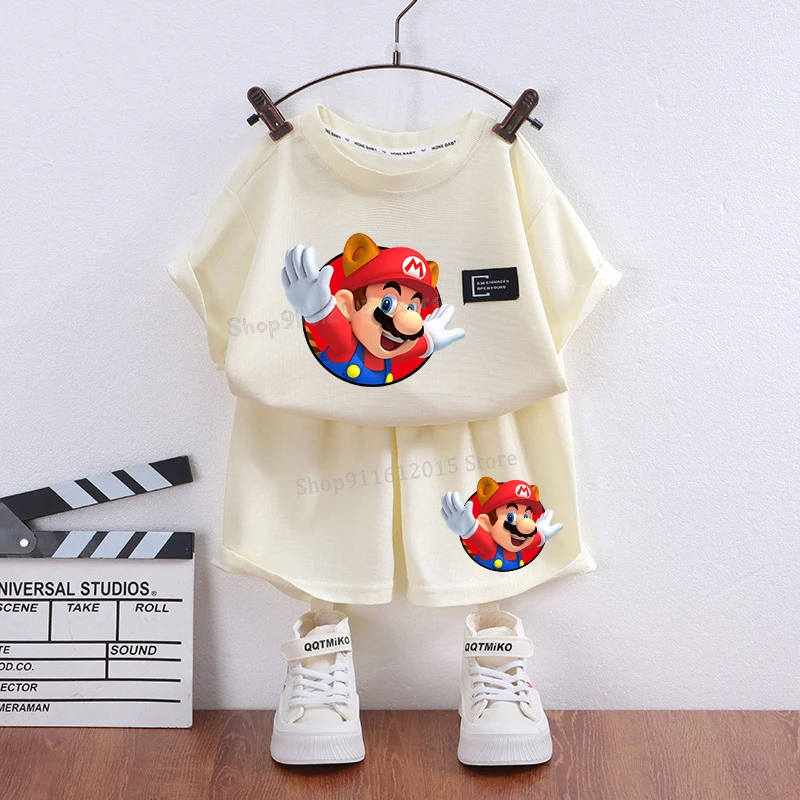 Super Marios tuta per bambini tuta Peach Princess Girl Set di abbigliamento Anime Marios Bros Boy Tee Shorts 2 pezzi abbigliamento per bambini Outfit