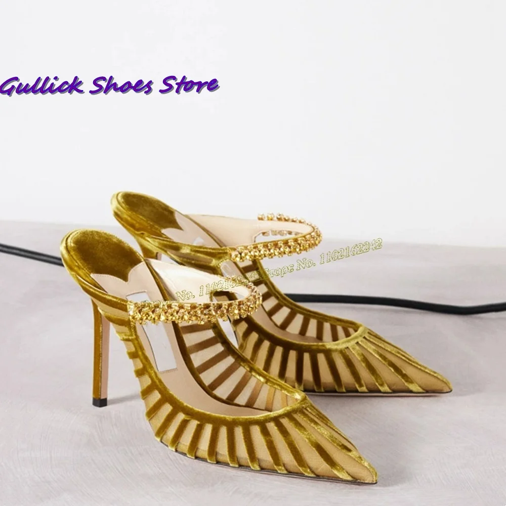 Woman Rhinestones Mesh Pumps Pointed Toe Stiletto High Heel Slip On Sandals Fashion Dress Runway Shoes 2024 New Arrival