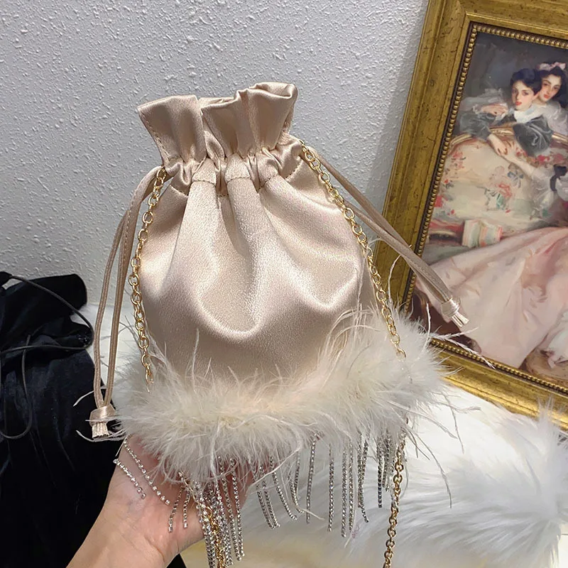 

Rhinestone Tassel Crossbody Bag Satin Fur Shoulder Bag Silk Evening Bags Handbags Candy Color Feather Drawstring Bags for Women