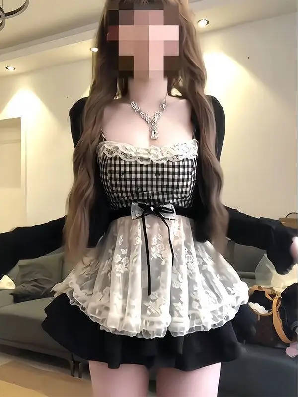 Pure Desire Style Lace Patchwork Slim Fit Camisole Versatile Half Skirt Set High Waist  Knot Summer Fashion Ensemble