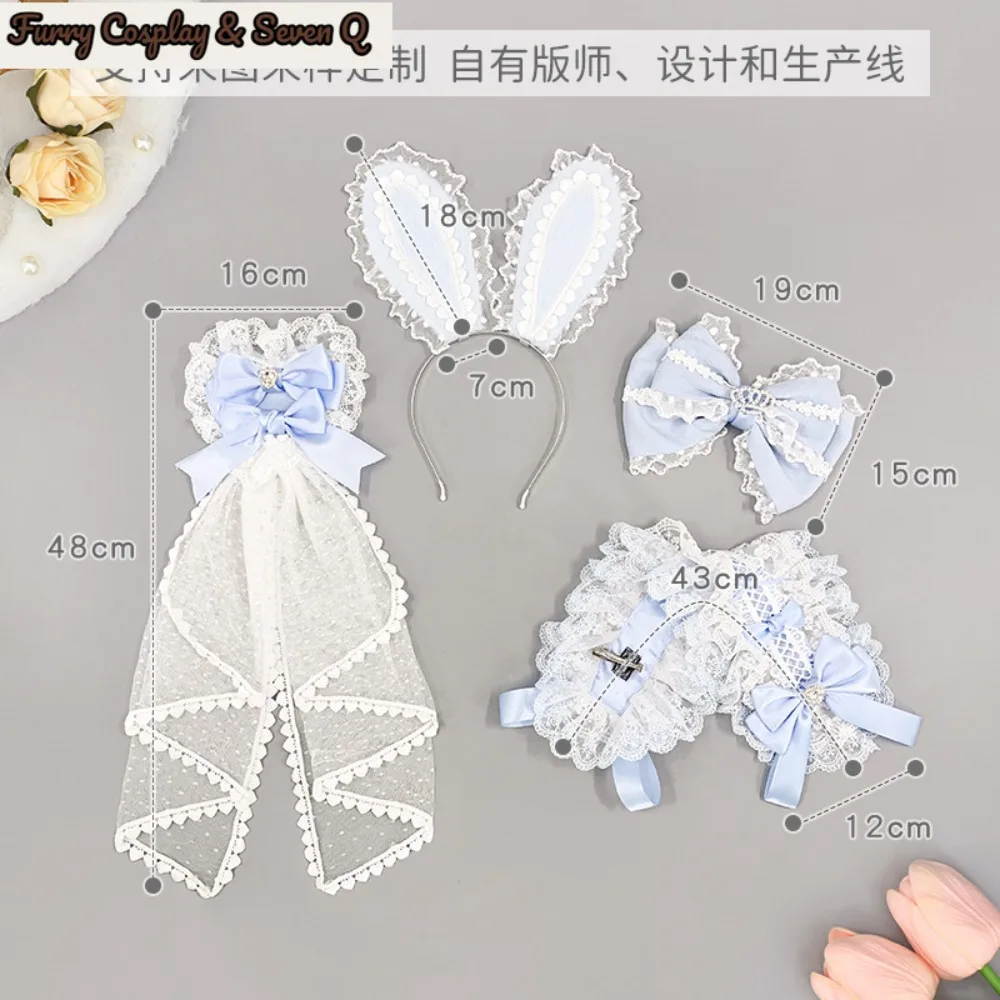 Sweet Lolita Lace Ribbon Bow Headwear Plush Bunny Ears Hairband Cute Girl Party Hair Accessories Women Cosplay Props 2