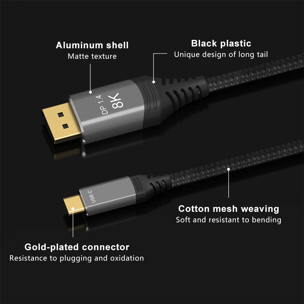 Usb C إلى ديسبلايبورت كابل 8K نوع C إلى DP 1.4 كابل 8K 60Hz 4K 144Hz Thunderbolt 3/4 محول لرصد ماك بوك سامسونج HDTV