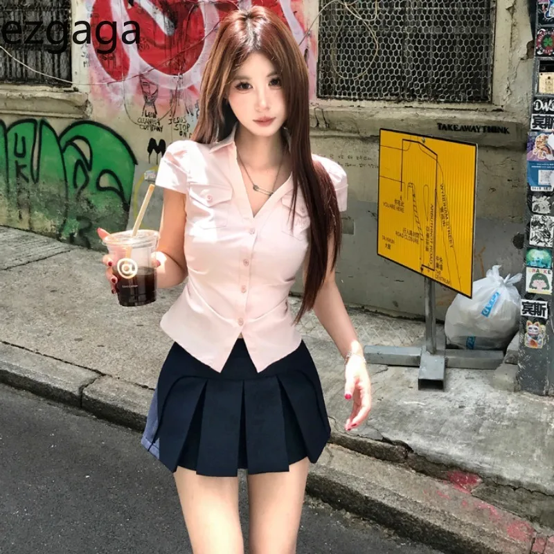 

Ezgaga Shirts Women Short Sleeve Summer Fashion Elegant Vintage Crop Tops Sweet Y2k Harajuku Ladies Casual Blouse Sexy