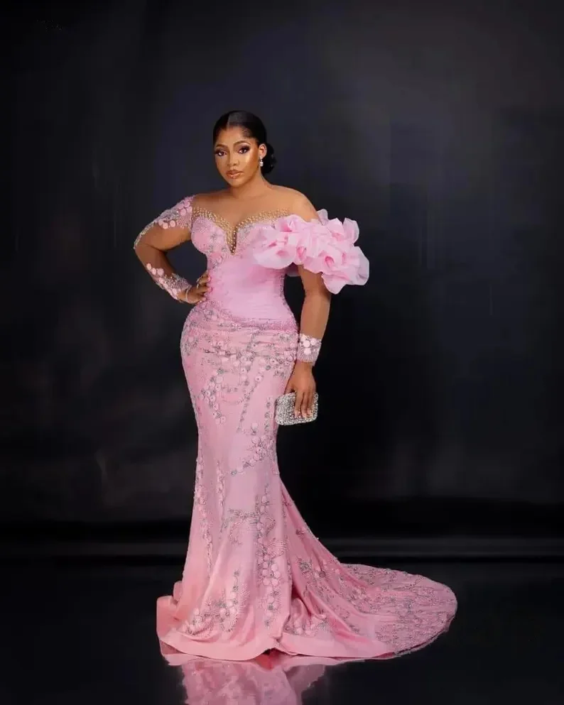 Pink Mermaid Evening Dress Flower Embroidery Long Sleeve Ball Party Dress Luxury Women's Birthday Dress Customization image 2