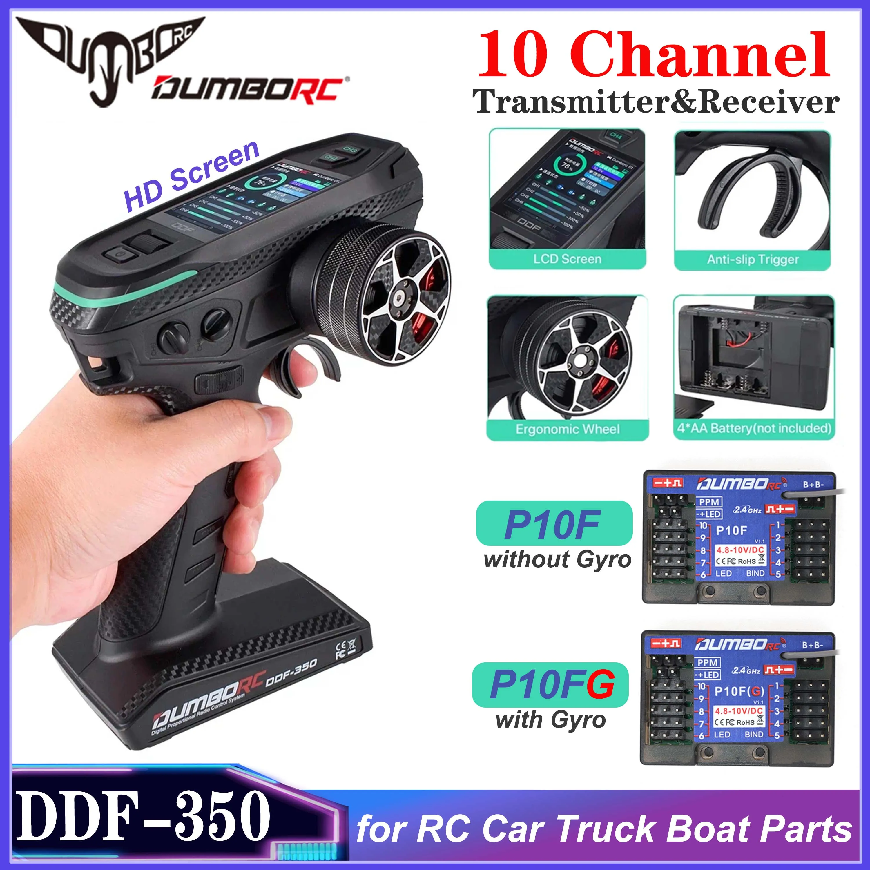 DUMBORC DDF-350 2.4G 10CH Zender P10F/P10FG Ontvanger HD Scherm Afstandsbediening voor RC Auto Vrachtwagen Boot LCD FHSS Radiosysteem