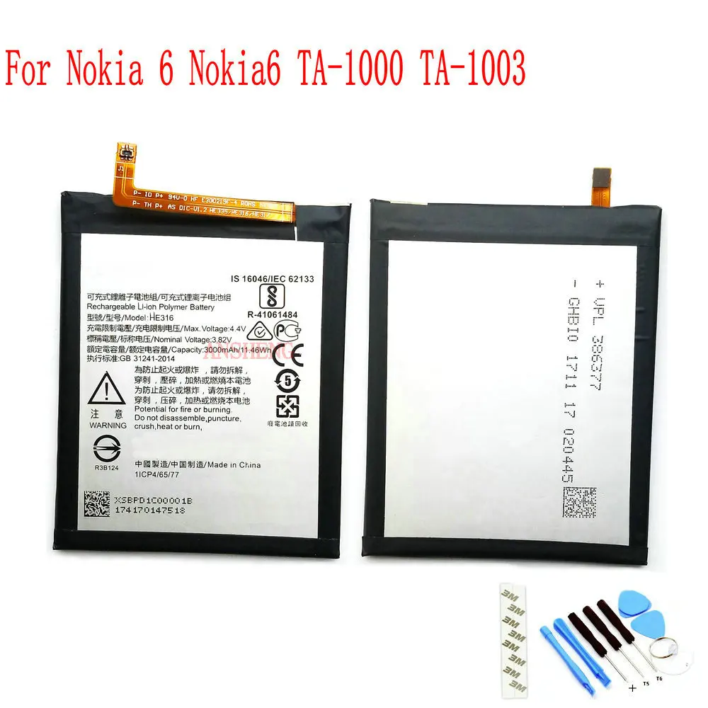 Original HE316 H317 H335 3000mAh Battery For Nokia 6 TA-1000 TA-1003 TA-1021 TA-1025 TA-1033 TA-1039 Mobile Phone