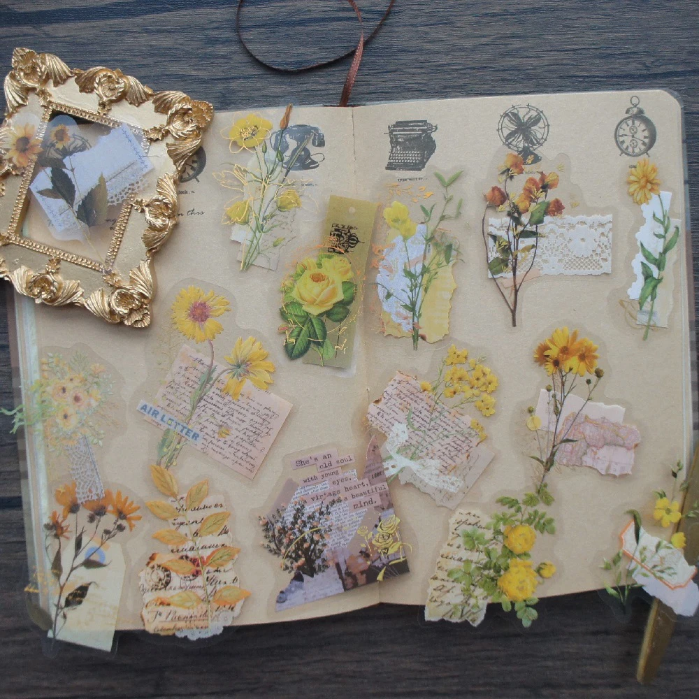 28 قطعة من النباتات الجافة بخط ذهبي مخفي في كتاب ملصق على شكل قصاصات يمكنك صنعه بنفسك علامة تزيين ملصق تعبئة الهدايا