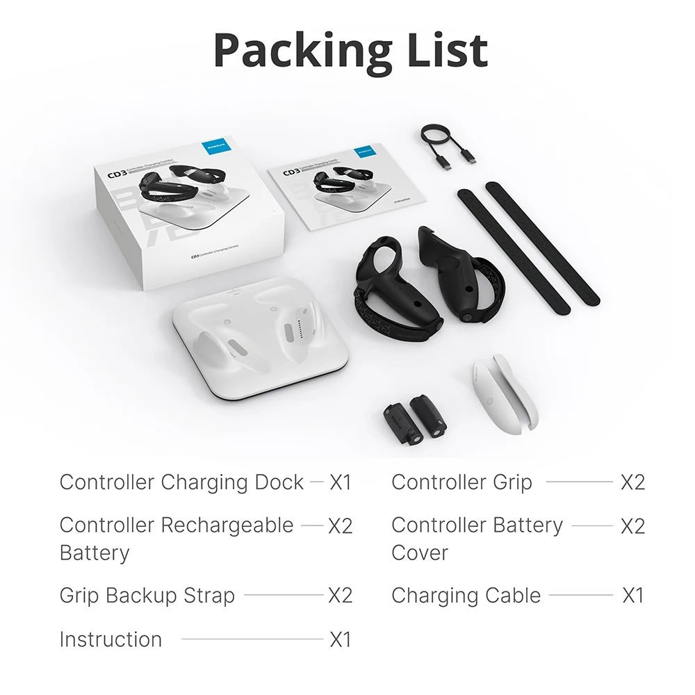 مجموعة شحن وحدة التحكم BOBOVR CD3 متوافقة مع ملحقات Quest3/3S G3 غطاء مقبض سيليكون مضاد للانزلاق بطارية قابلة للشحن