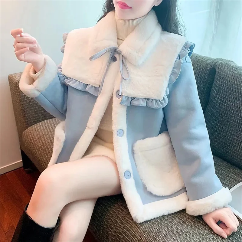 

Women's Winter Jacket 2023 New Suede Plush Coat Female Splicing Thickened Woolen Overcoat Manteau Femme Hiver Schoolgirl Coats