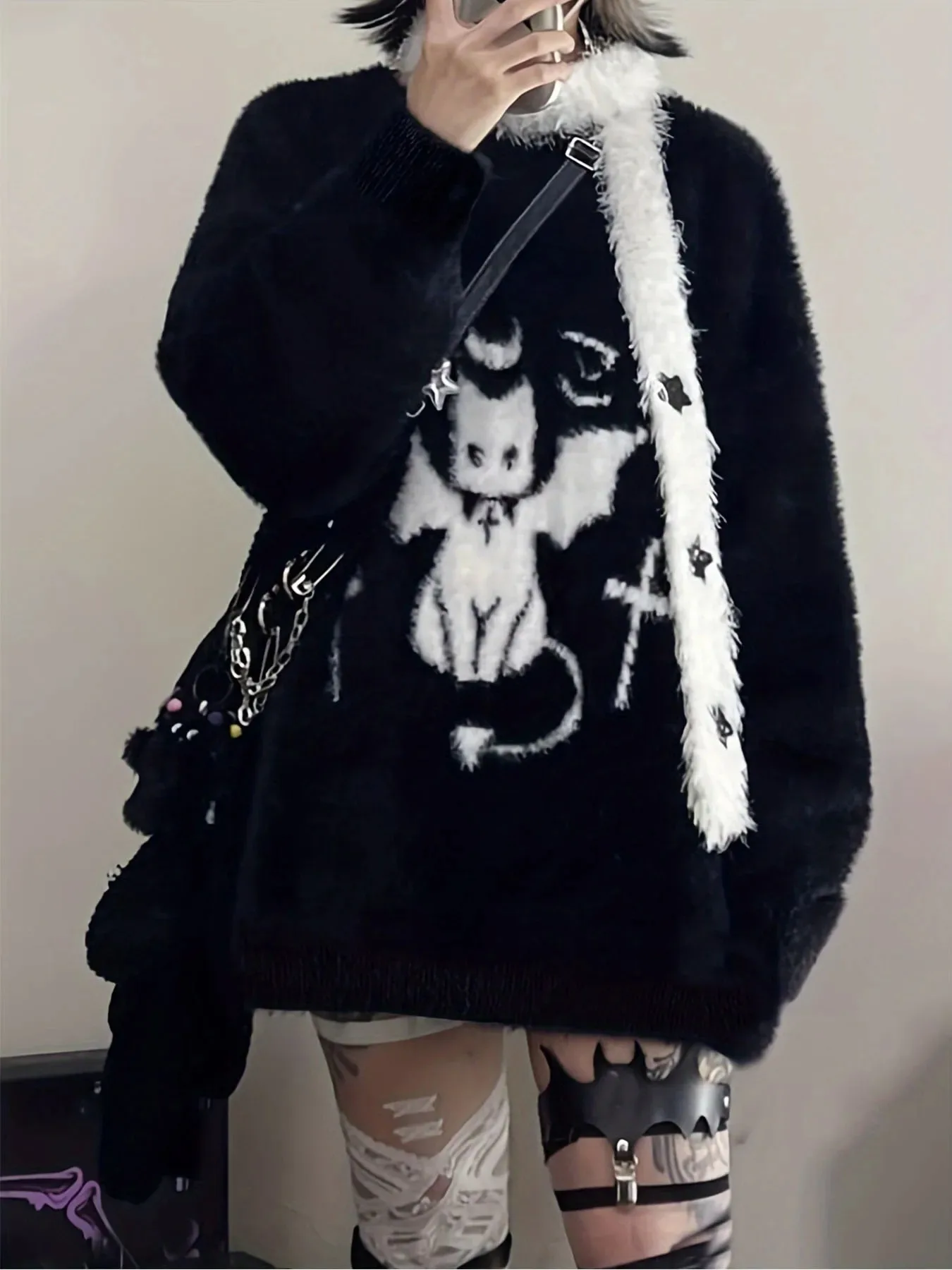 Harajuku Gothic Casual Oversized Knitted Jumpers Grunge Cartoon Sweater Fashion Knitwear Y2k Aesthetic Balack Loose Pullover image 5