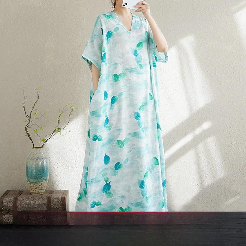 

V-Neck Loose Cotton Linen Long Beach Skirt Summer Vacation Style Women's Artistic Loose Fit Maxi Dress Green Leaf Print