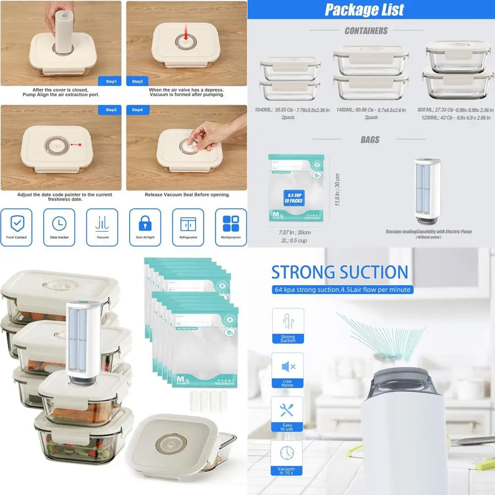 

Портативный набор для вакуумной упаковки: 6 стеклянных контейнеров + 10 пакетов для вакуумной упаковки для длительного сохранения свежести и подготовки еды