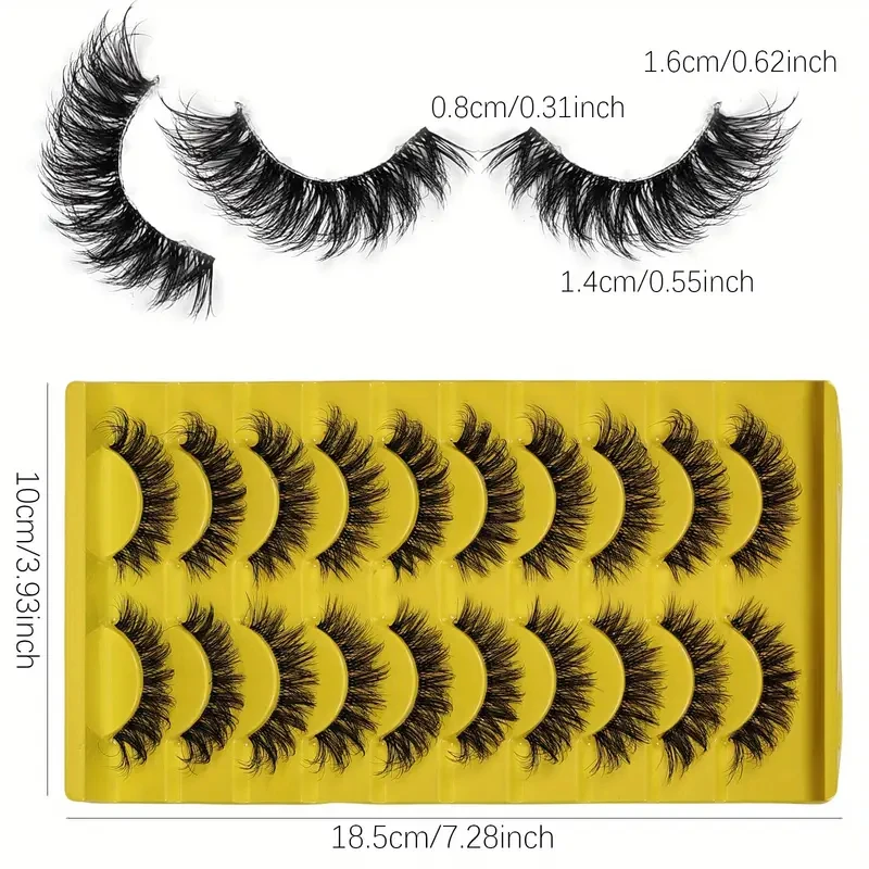 10 Pairs D Curl Faux Lashes - Fluffy Anime Cat Eye Doll Style, 8-16mm Length, Reusable, Suitable for Daily, Party, and Holiday U