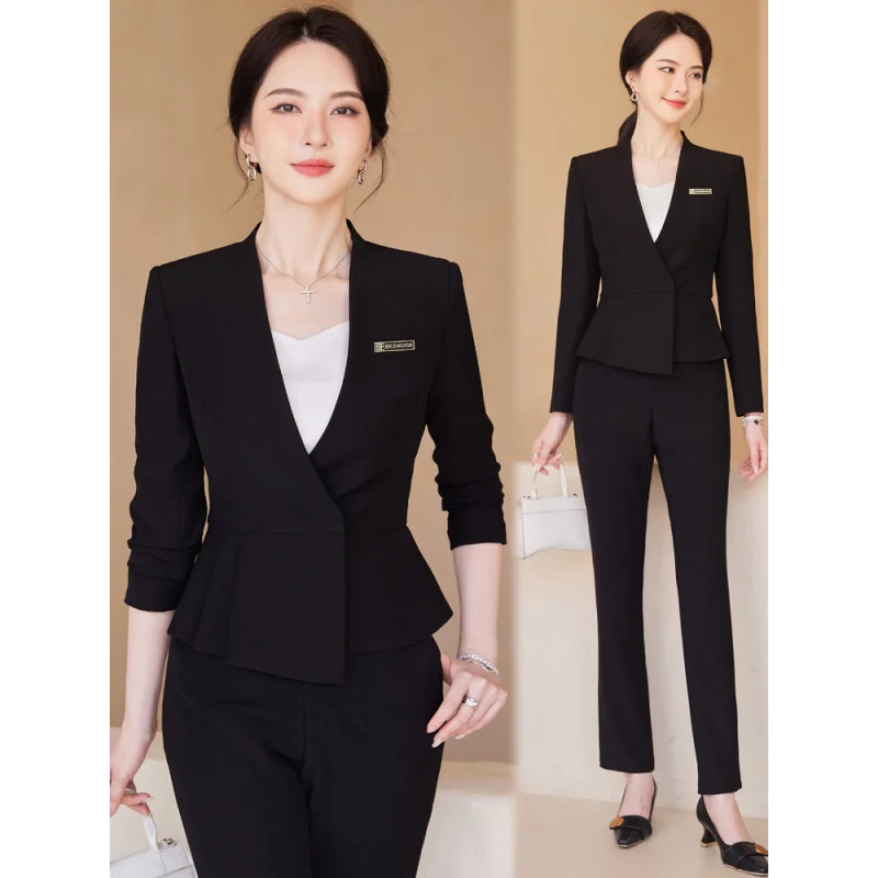 High-end Black Professional Suit Set for Women Spring and Autumn Hotel Front Desk Workwear ManagerOLFormal Jewelry Store Work Un