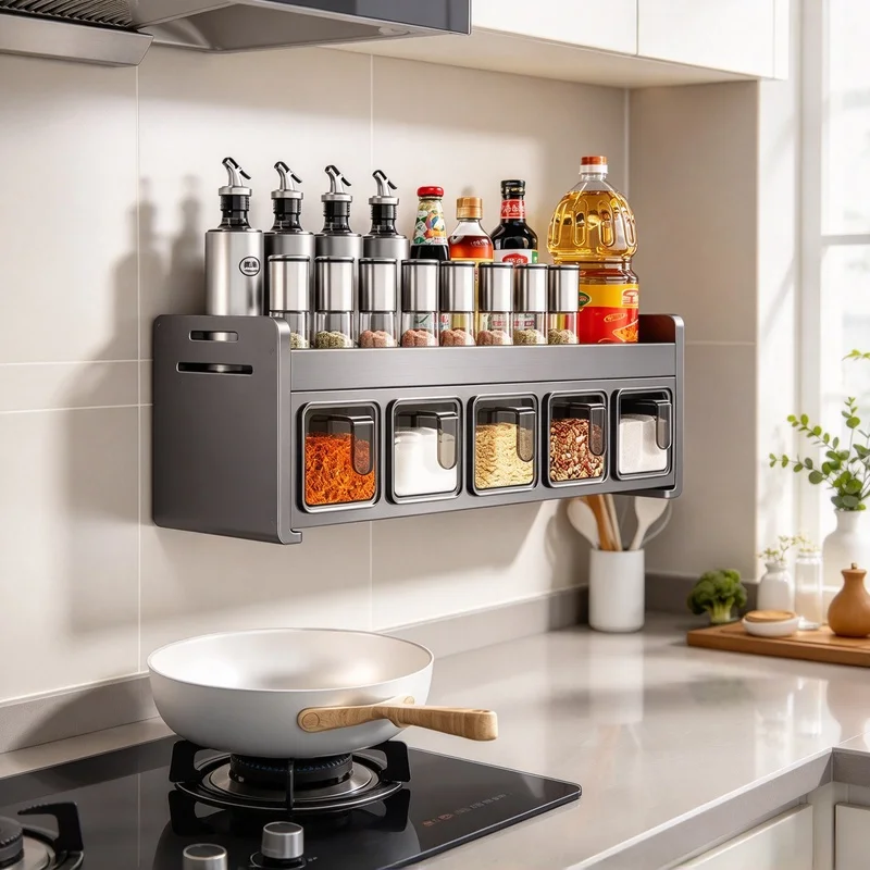 Wall Mounted Kitchen Spice Rack, Hanging Seasoning Jar Organizer Over Stove, Seasoning Storage Shelf for Salt Sugar Pepper