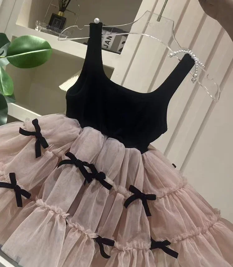 Girls 2024 Summer New Bow Dress Baby Girl Sleeveless Black Pink Princess Dress Toddler Girl Sweet Cute Clothes