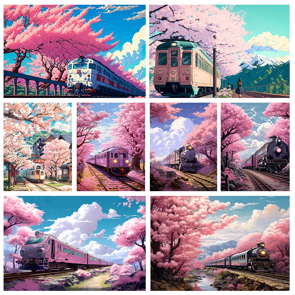 5D Diy Manga Landscape Diamond Painting Train Under Sakura Full Rhinestone Mosaic Embroidery Cross Stitch Kit Home Decor Gifts