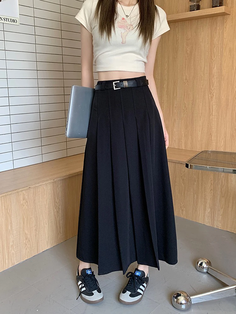 

Черная плиссированная юбка А-силуэта с высокой талией для женщин, весна-лето, модная, с эффектом похудения