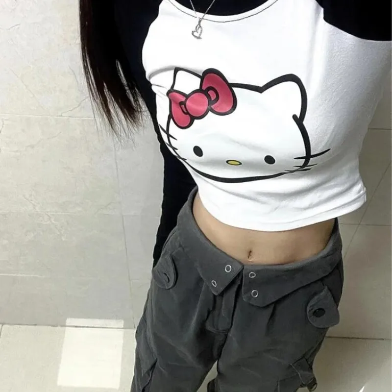 Sanrio Hello Kitty Women Slim Short Tees Y2k Cute Spring Clothes New Crop Tops Cartoon Fashion Streetwear t-shirt a maniche lunghe