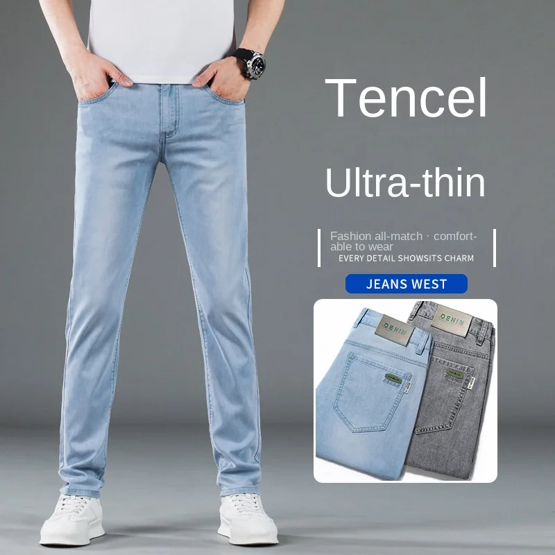 SummerTencel-pantalones vaqueros de cintura alta para hombre, pantalón holgado, transpirable, de pierna recta, informal, a la moda