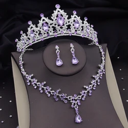 Gorgeous Purple Crystal Bridal Jewelry Sets for Women Tiaras Crown Bride Earrings Necklace Wedding Jewelry Set Fashion