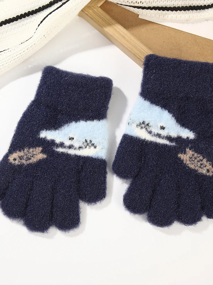 Thickened Winter Gloves for Boys Elementary School Students Cycling Warm Woolen Finger Gloves Special for School Use