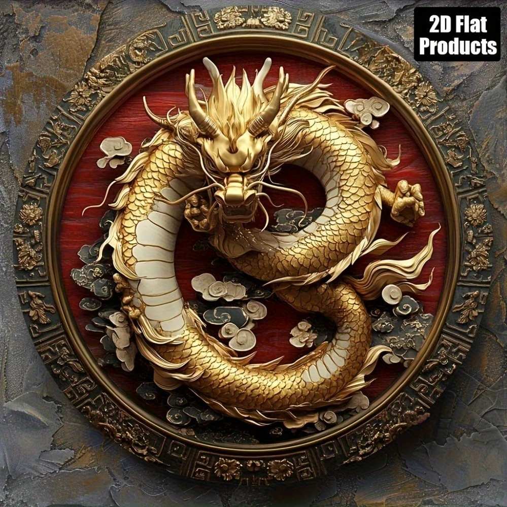 3D-Effekt Goldener Chinesischer Drache Rundes Blechschild, Retro Mythisches Tier Metall-Wandkunst, Luxuriöses Rotgold Drachen Dekoratives Blechschild