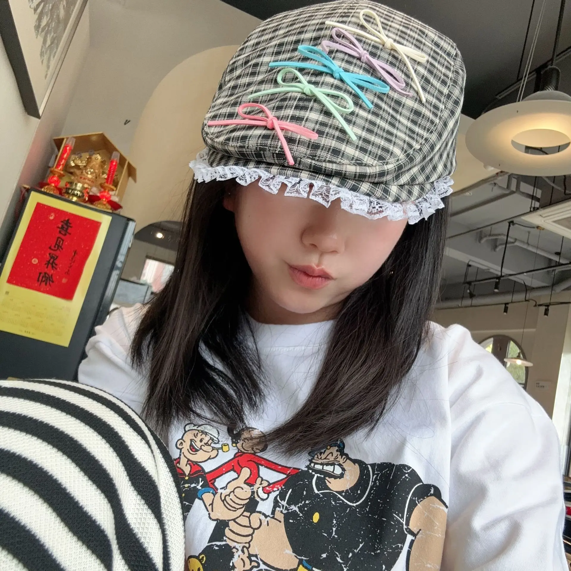 

Новый женский берет Kawaii, милая стильная шляпа, милые шапки, летний тонкий берет в клетку, клетчатый кружевной бант, корейская версия, милая кепка