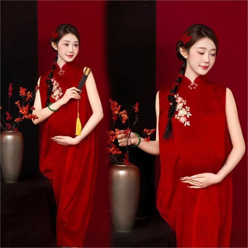 2026-creative-new-year-pregnant-women's-photo-prop-dress-pregnant-women's-red-sleeveless-dress-maternity-breathable-dress-lj340