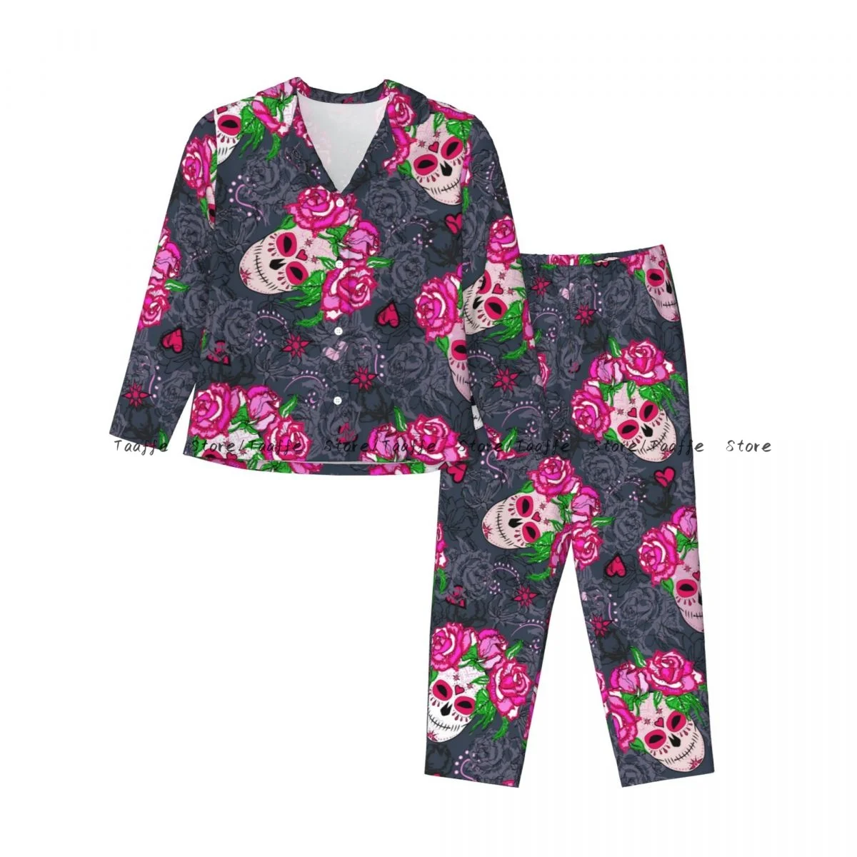 Sugar Skull And Roses Womens Pajamas Loungewear Two-piece Sleepwear Button-Down Full Sleeve Long Pajamas Set