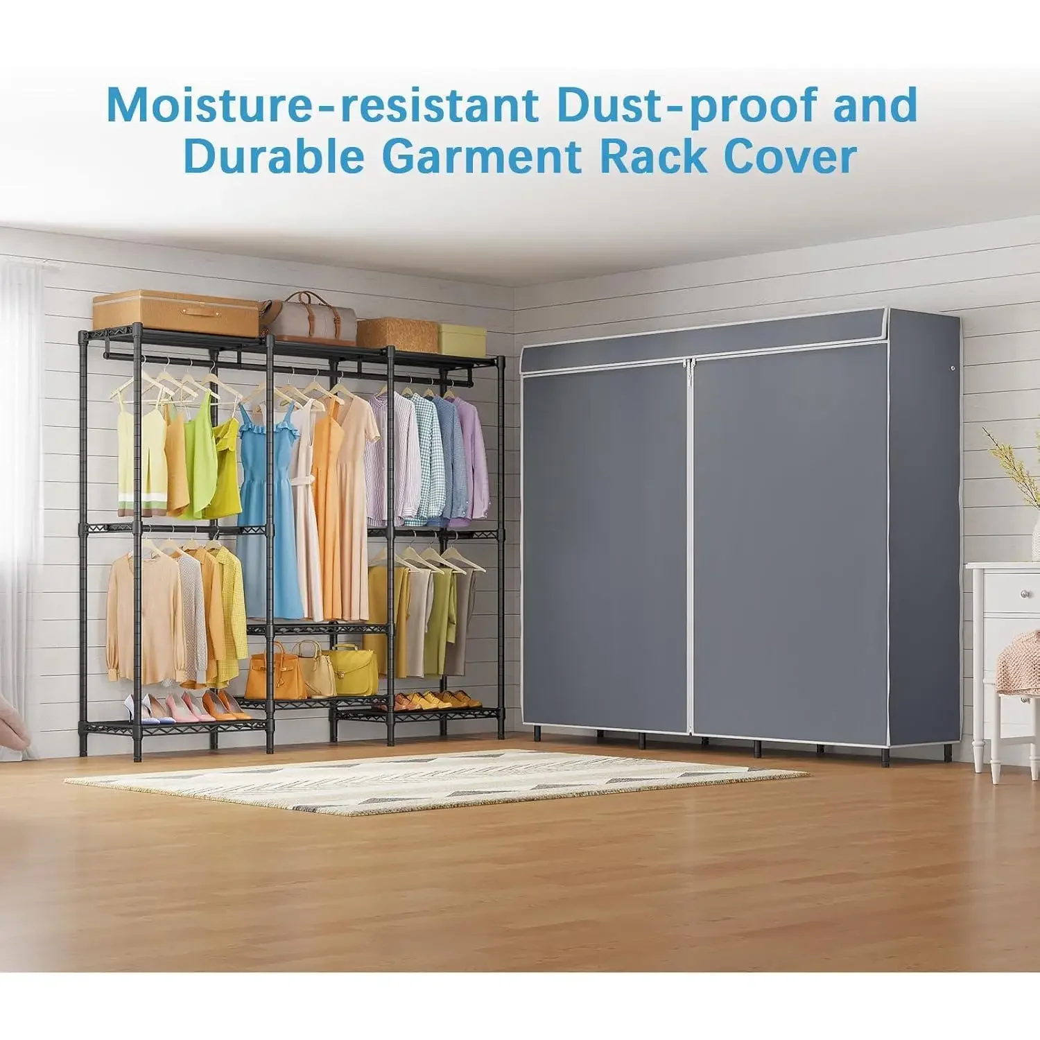 Covered Garment Rack Heavy Duty Clothes Rack with Cover and Adjustable Shelves, Freestanding Portable Closet Racks Clothes