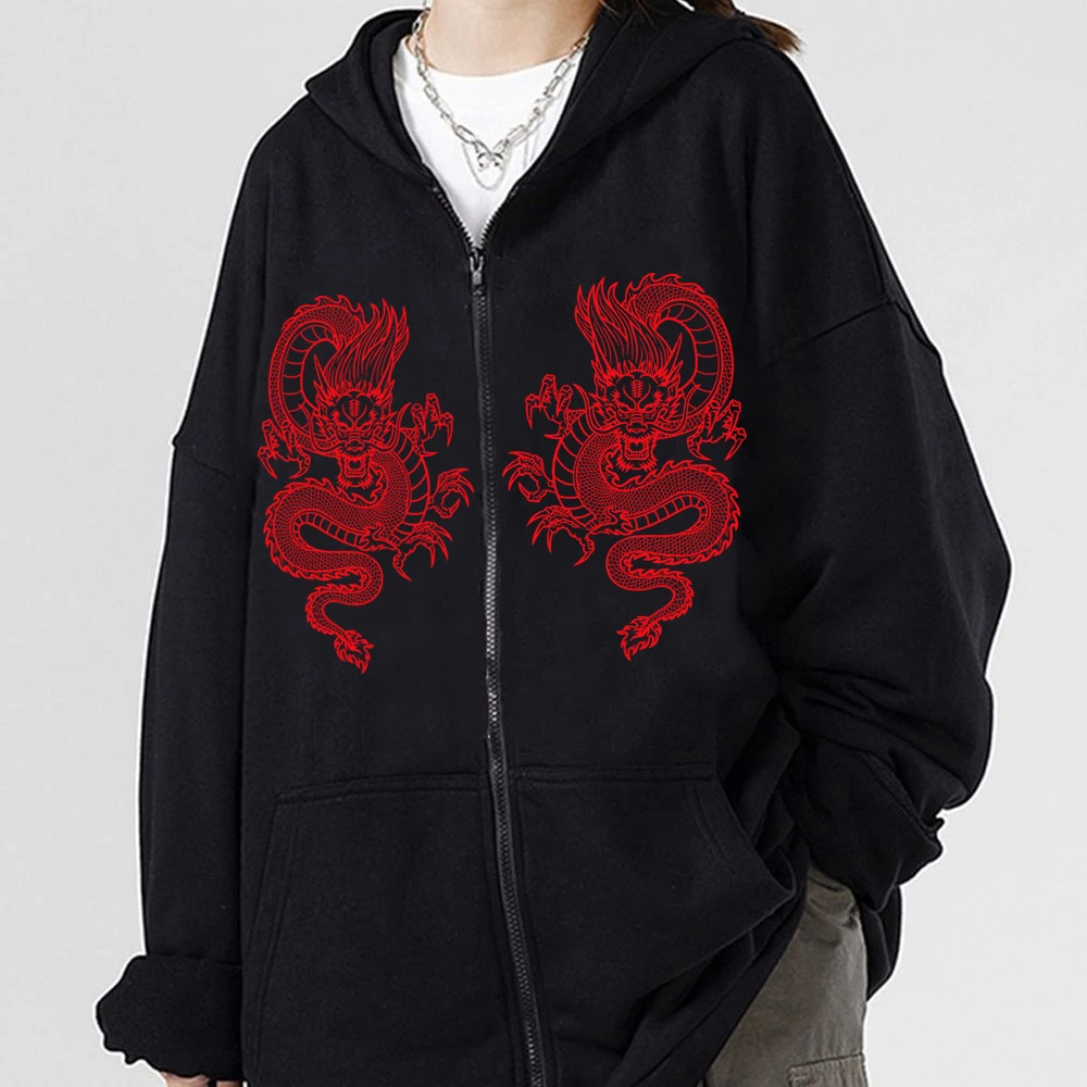 Harajuku Vintage Dragon Print Hoodie Fashion Streetwear Unisex Zipper Sweatshirt Autumn Long Sleeves Women Man Y2K Zip-up Hoody