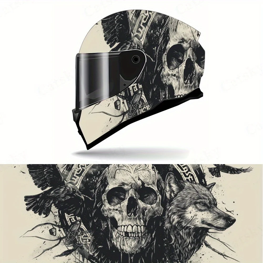 

Mysterious Skull, Wolf and Raven Helmet Vinyl Wraps, Waterproof Scratch-Resistant Full Face Helmet Decals, Durable PVC Artistic