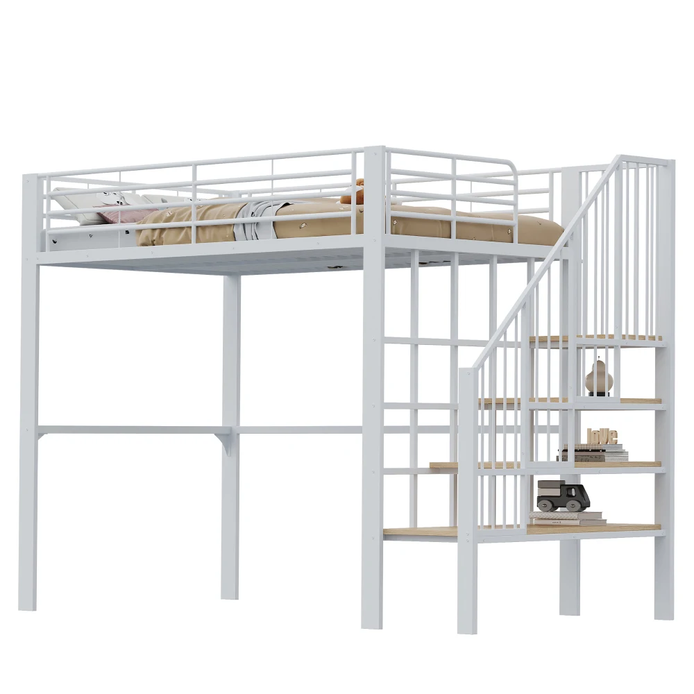 Stabiles Hochbett aus Metall, 90 x 200 cm/140 x 200 cm, mit geräumigem Stauraum unter dem Bett und Treppe für Kinder und Erwachsene, Bettgestelle und -gestelle – Detail 33