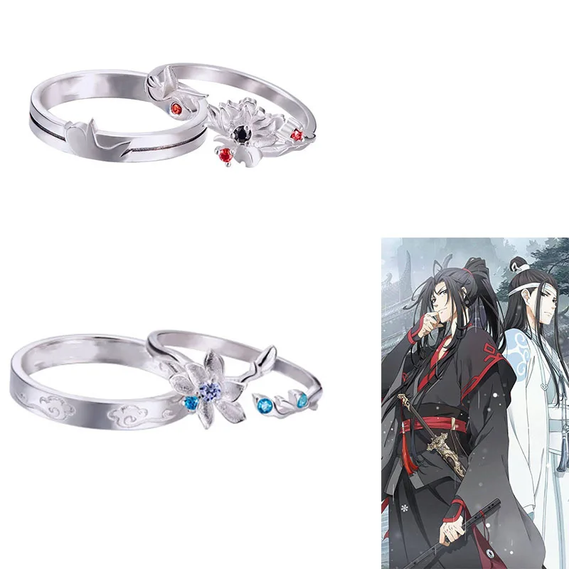 Anime mo dao zu shi ringe lan wang ji wei wuxian rot blau kristall blume öffnungs ringe hochzeits paar schmuck valentinstag gi