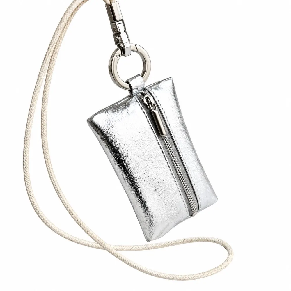 Litchi Textured Mini Coin Purse Zipper PU Leather Keychain Pouch with Neck Lanyard Silver Brown Black Gray Neck Wallet Women