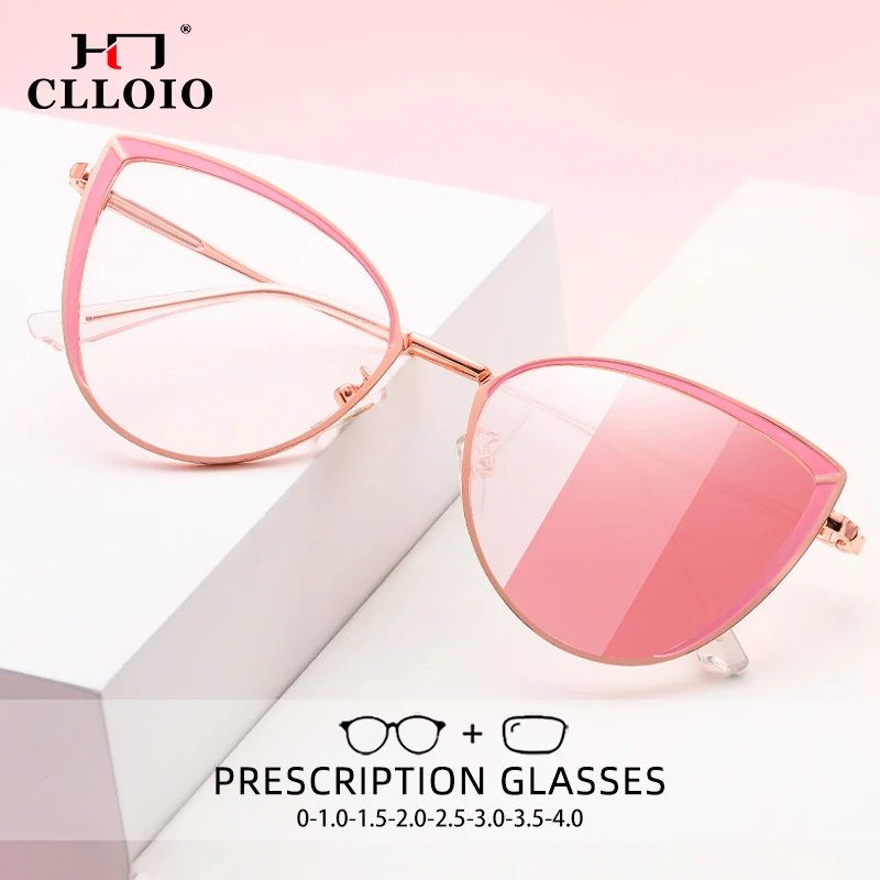 

CLLOIO Women Anti Blue Ray Reading glasses Street Fashion Cat eye Frame Color Photochromic Myopia Prescription Optical Glasses