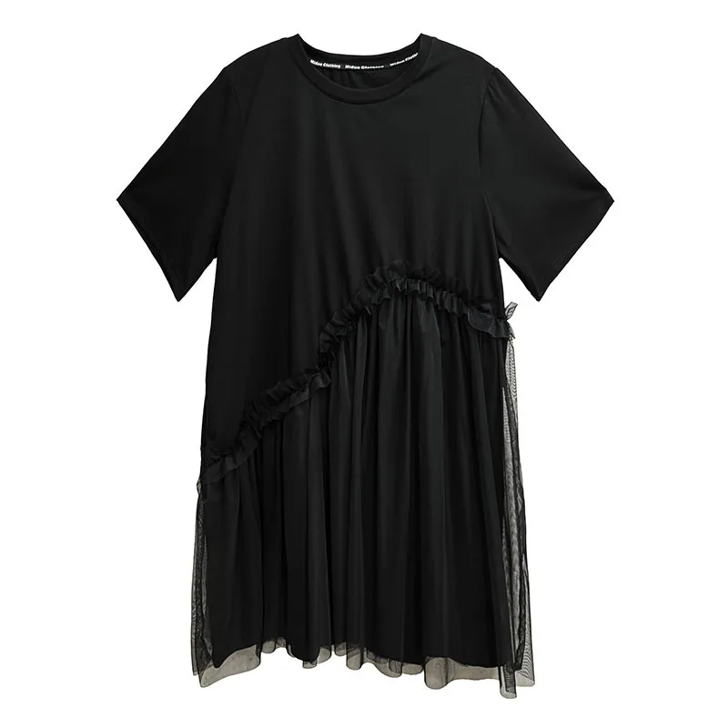 

Korean casual short sleeved dress, patchwork mesh round neck women's clothing, loose mid length skirt for summer 2025
