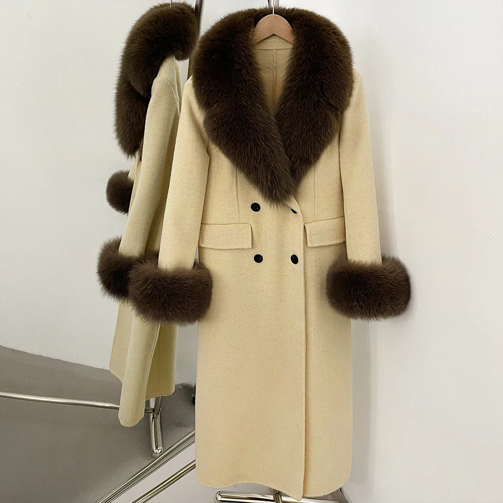 OFTBUY Großer Natürlicher Pelzkragen Doppelreihiger Langer Damen-Wollmantel Winter Warmer Dicker Schlanker Wollmantel mit Echtpelz – Detail 5