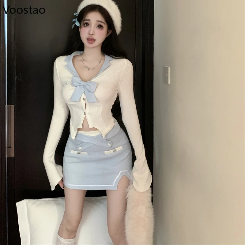 Japanese Blue Kawaii Lolita 2 Piece Set Women Y2k Sweet Slim Blouse Tops Mini Skirt Suit Female Korean Fashion Casual Chic Sets