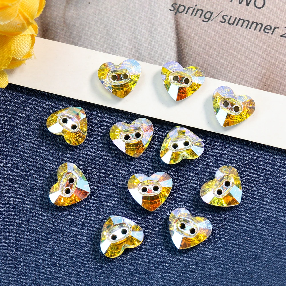 6PCS Laser Cut Heart Shaped 2 Hole Flat Back Crystal Glass Flat Prism Button DIY Garment Sewing Craft