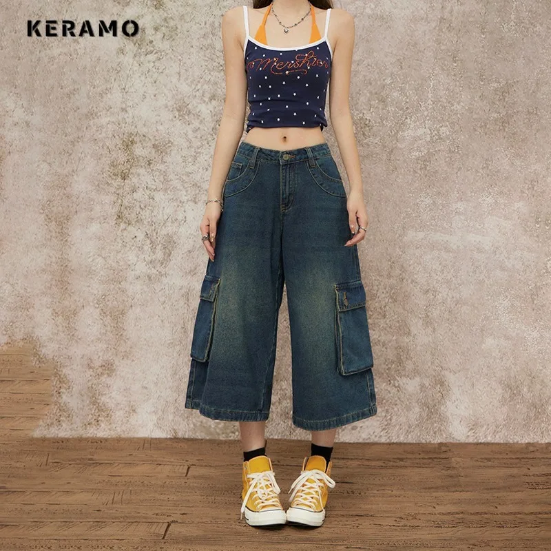 

Casual Eclectic Straight Denim Trouser Women's Y2K Grunge 2000s Street Retro High Waist Jeans Vintage Pockets Calf Length Pants