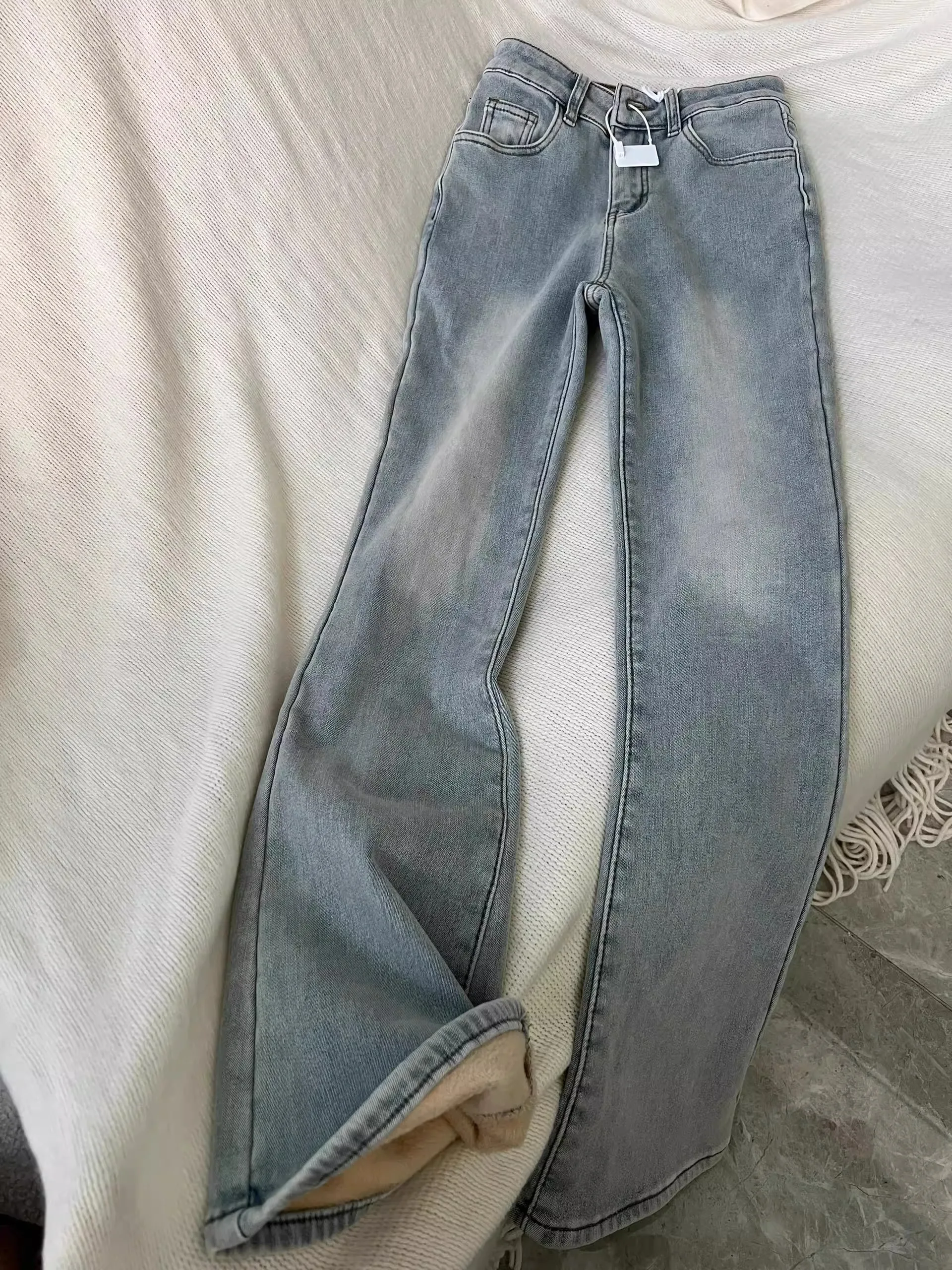 

Женские джинсы-клеш с высокой талией на флисовой подкладке, осенне-зимние, модные, эластичные, утягивающие, в стиле INS