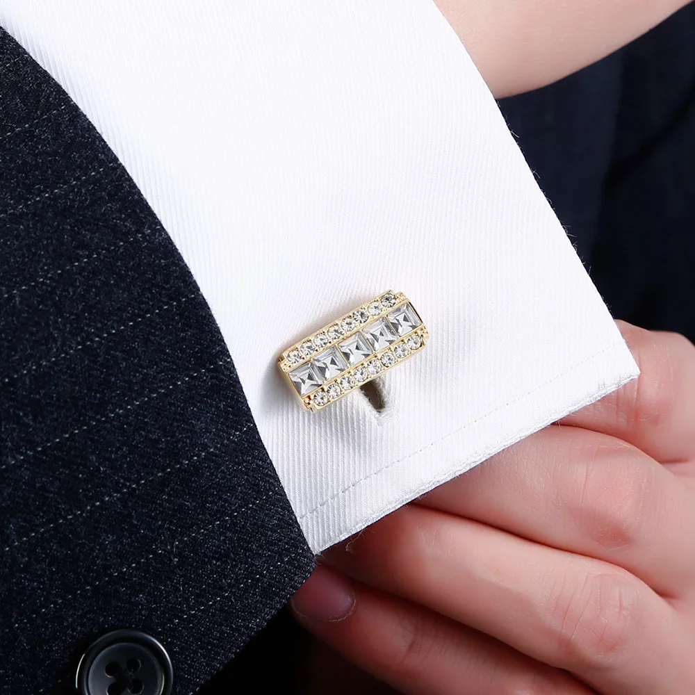 High Quality White Rhinestones Suit French Shirt Golden Cufflinks For Mens Wedding Groom Buttons Father Business Favors Jewelry