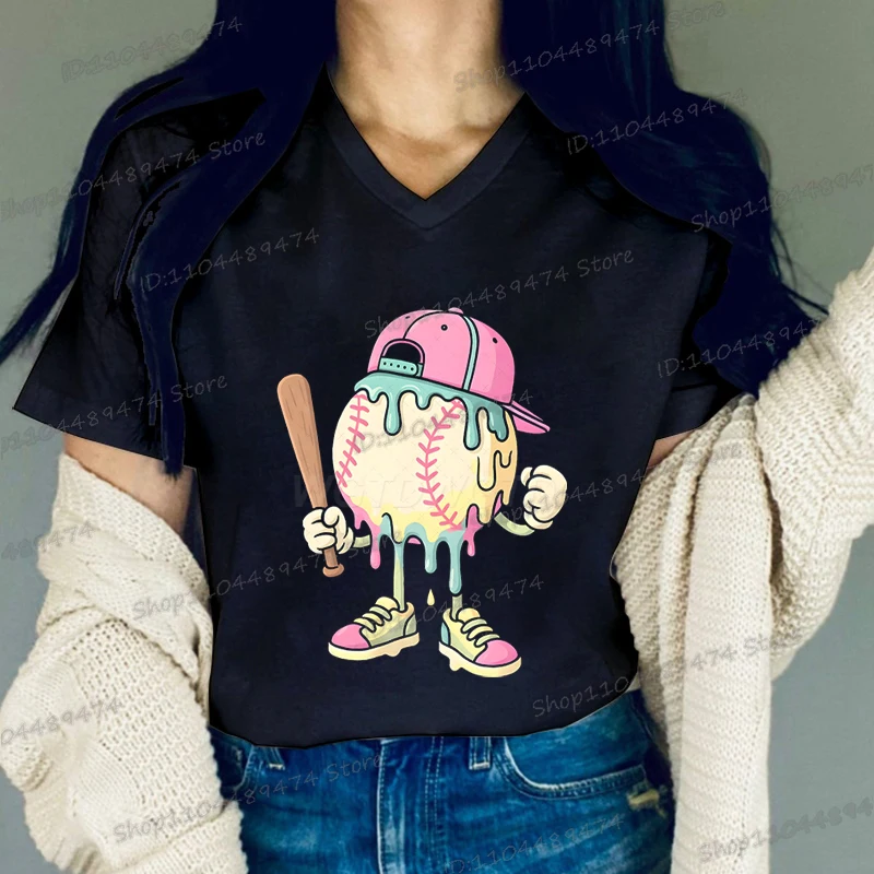 

Funny Ice Cream Drip Baseball Printed T Shirt Women Men V Neck Classic Baseball Tshirts Harajuku American Football Streetwear