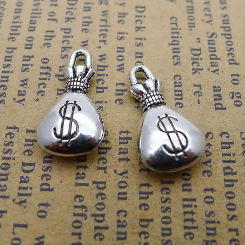 15pieces/lot 10*17mm Antique silver color Metal alloy dollar sign A bag of money charm Necklace Pendant Bracelet Key chain DIY