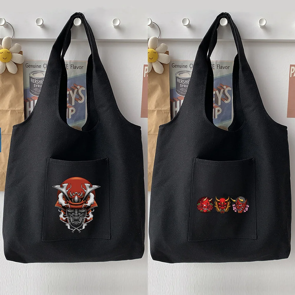 Casual and Fashionable Black Shoulder Bag Women's Handbag Monster Pattern Printed Handbag Soft Canvas Large Capacity