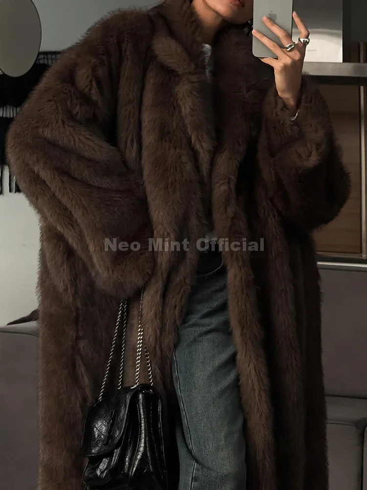 Neo Mint 2024ฤดูหนาวWarm Fluffy Gradient Eco Fur Jacketผู้หญิงหรูหรายาวFaux Fox Fur Coat Street Furry Outerwear Overcoat